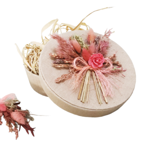 Linen round box with flowers 15cm pink