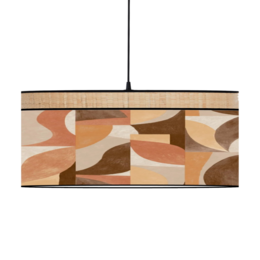 Decorative pendant light with a terracotta and raffia design, available in various sizes. The light features an abstract geometric pattern in warm earth tones, creating a stylish and natural look.