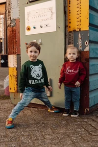 Grüner Kinderpullover mit Wolfsprint – Wild & Free