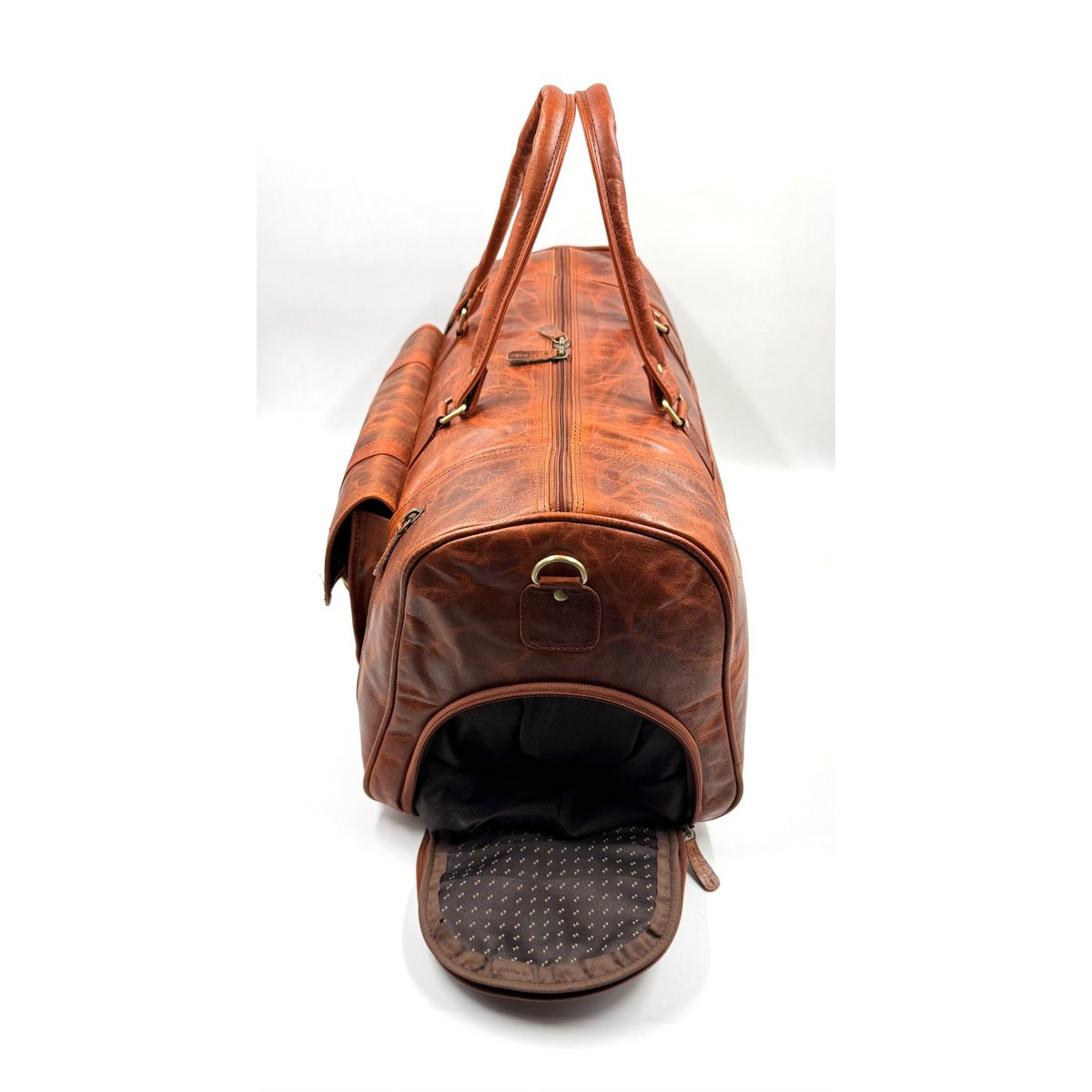 Handgefertigte Reisetasche aus marokkanischem Leder – Artisan 6-Pocket „Brick Brown“ Duffle mit speziellem Schuhfach