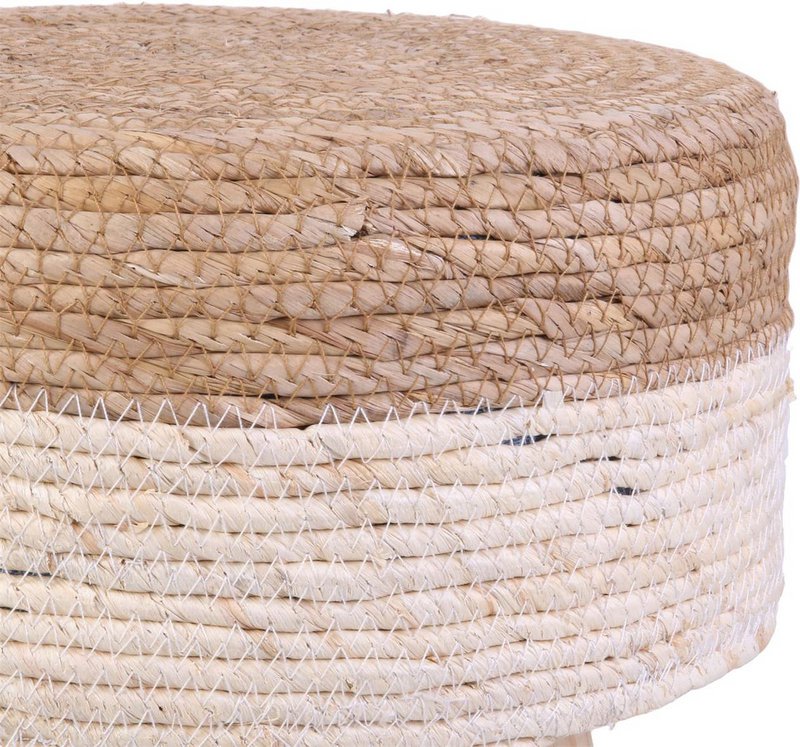Round jute stool - Ø 30 x 42 cm - Wooden stool - bohemian stool with wooden legs - Multifunctional for living room, bedroom & hall - Durable stool - Brown/White