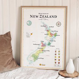 Colorful map of New Zealand showcasing the country's wine regions and landmarks. Suitable for wall decor in a home or office.