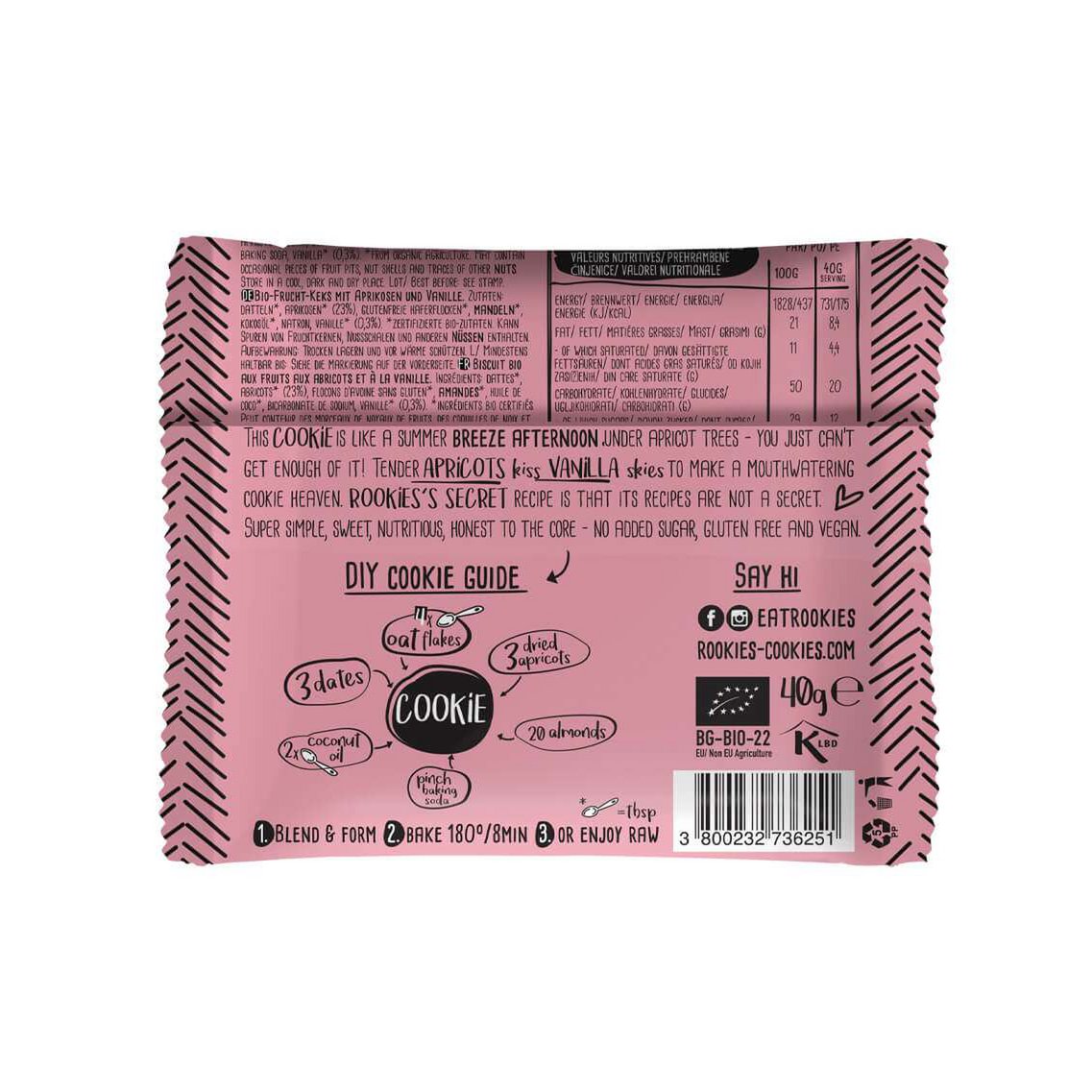 Cookie Apricot & Vanilla, organic, Rookies, 40g