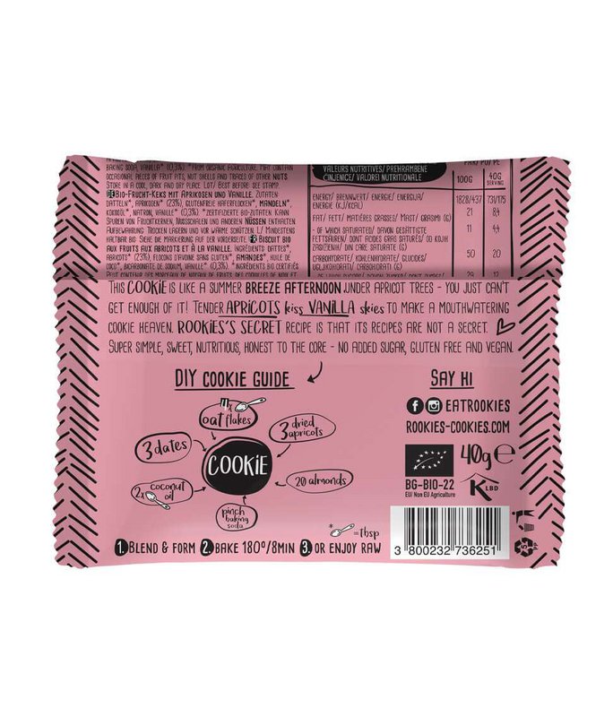 Cookie Apricot & Vanilla, organic, Rookies, 40g
