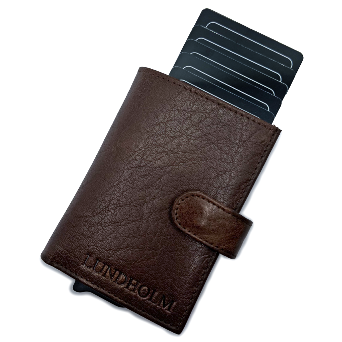 Etui na karty Lundholm wysuwane - z przegródką na monety, banknoty - skórzane etui na karty wysuwane etui na karty kredytowe męski prezent dla mężczyzny męskie prezenty prezent na dzień ojca prezent na dzień ojca koniak brązowy czarny