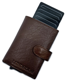 Etui na karty Lundholm wysuwane - z przegródką na monety, banknoty - skórzane etui na karty wysuwane etui na karty kredytowe męski prezent dla mężczyzny męskie prezenty prezent na dzień ojca prezent na dzień ojca koniak brązowy czarny