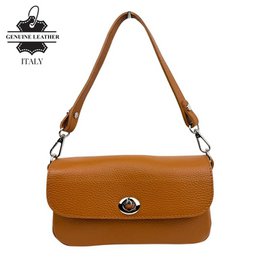 Brown leather shoulder bag with turn-lock closure, crossbody style, structured rectangular shape.