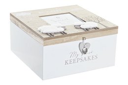 A white wooden box with a heart-shaped metal clasp, designed to store keepsakes. The box features the text "My Keepsakes" printed on the front.