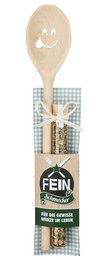 Wooden spoon with spice mix set, featuring a natural wooden spoon and a variety of spices in a decorative package.