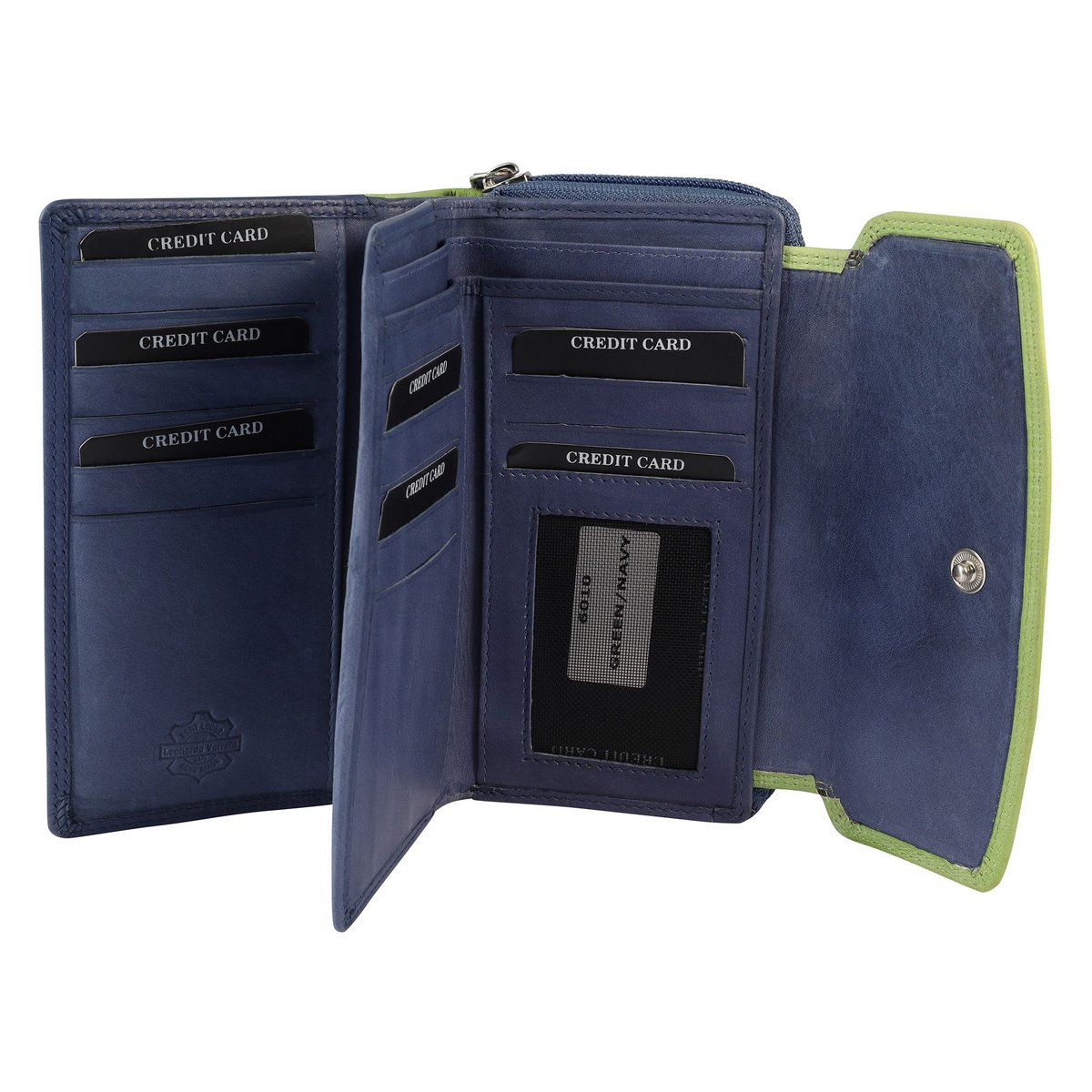 Leonardo Verrelli, damesportemonnee van echt leer, RFID, liggend formaat, donkerblauw/groen