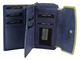 Leonardo Verrelli, damesportemonnee van echt leer, RFID, liggend formaat, donkerblauw/groen