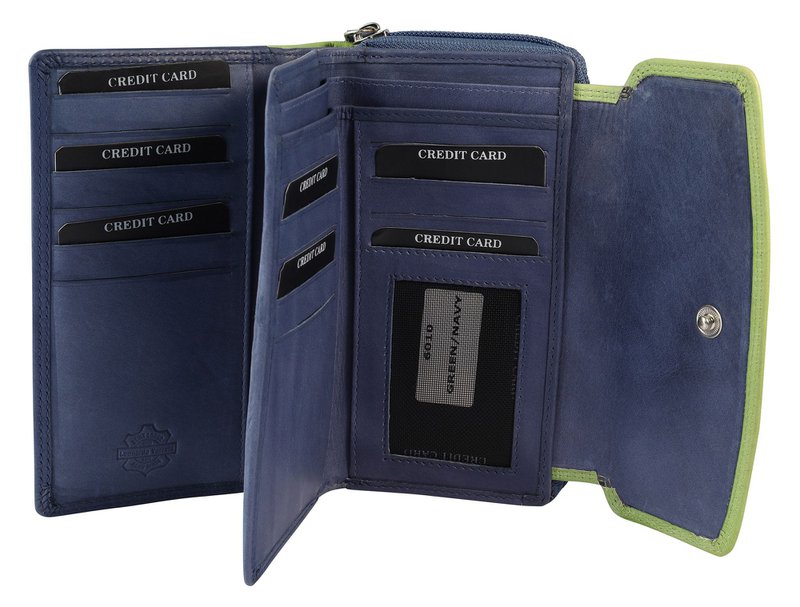Leonardo Verrelli, damesportemonnee van echt leer, RFID, liggend formaat, donkerblauw/groen
