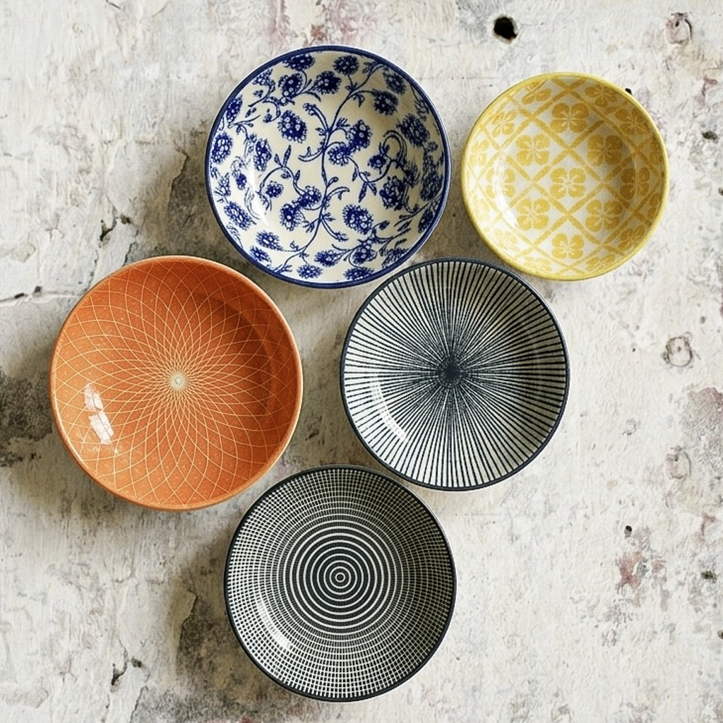 Small ceramic plate, 10 cm, assorted (packs of 6 pieces)