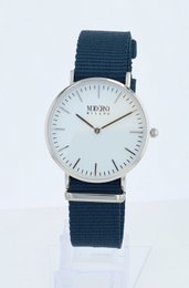 Moderno Milano stainless steel women's watch 36.5 mm, sapphire crystal & nylon NATO strap (blue), silver-colored