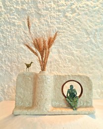  Sculptural papier-mache vase, beige cream color, geometric shape, decorative dried wheat grass, cactus motif, modern minimalist style.