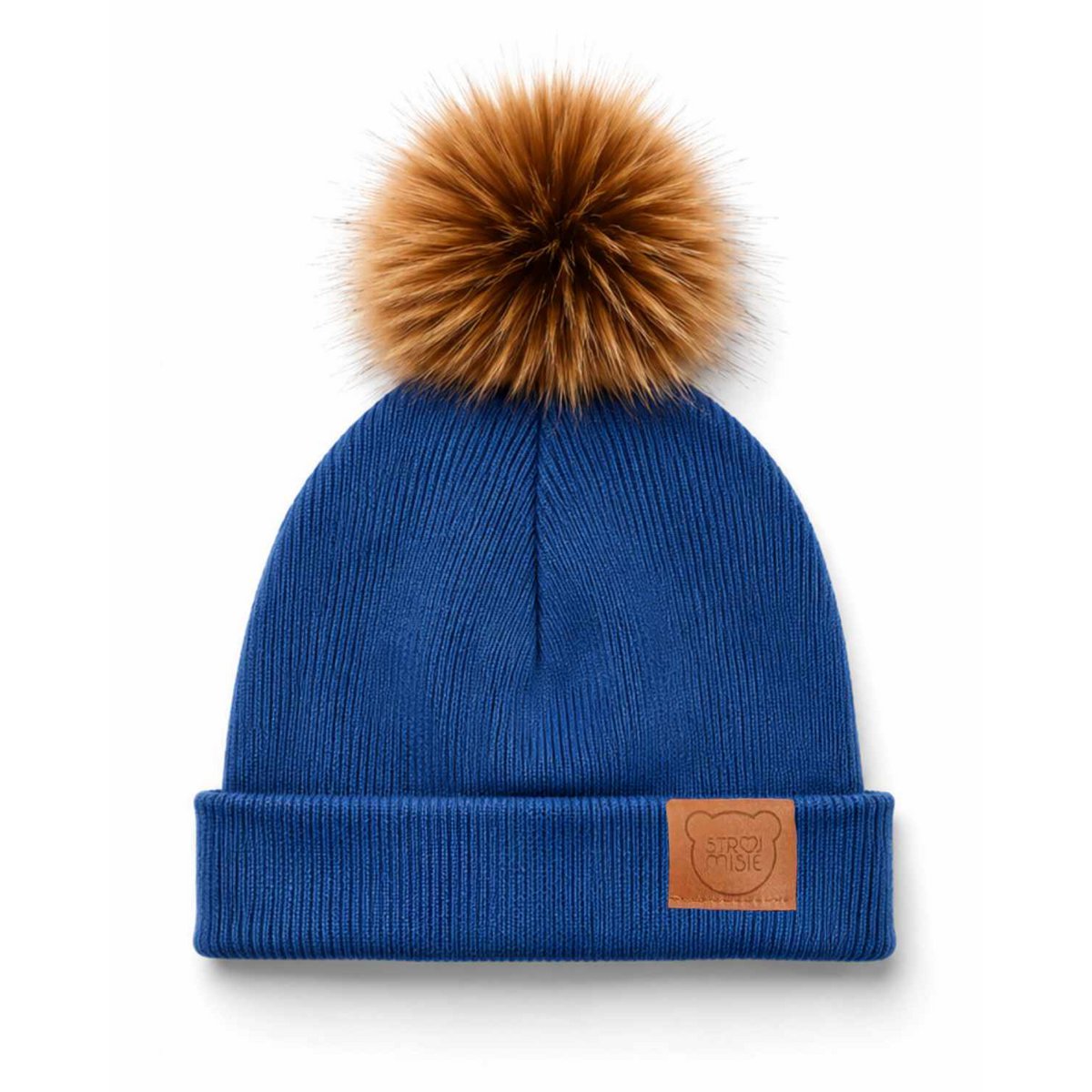 Blå økologisk hue med imiteret pels Pom-Pom