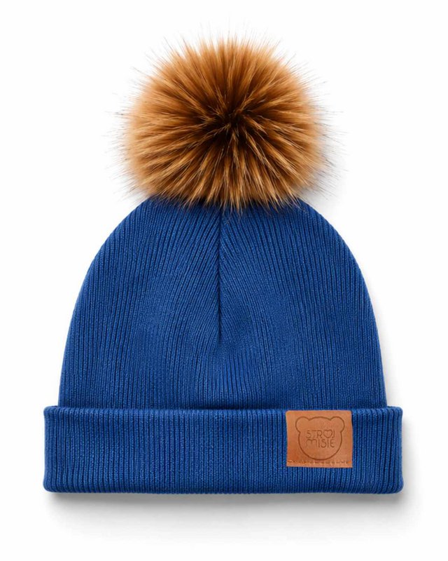 Blå økologisk hue med imiteret pels Pom-Pom