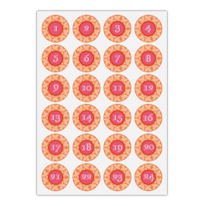 24 prachtige adventsstickers met de cijfers 1 - 24 op bladerenkrans, oranjeroze, MATTE papieren stickers voor adventskalenders (ø 45 mm; 24 cijfers) kleur 1
