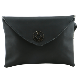 Black leather changing mat with floral pattern interior.