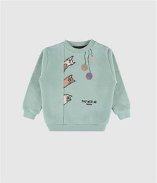 Mint green sweatshirt with hanging toy mobile print, long sleeves, kids casual wear.