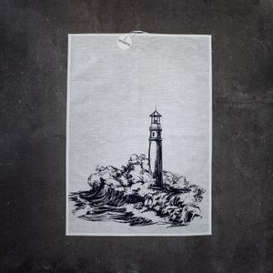 Tea towel half linen white with lighthouse