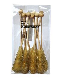 "Mint-flavored sugar candy sticks in a pack of 12. The candy sticks have a golden glittery coating, creating a festive and eye-catching appearance."