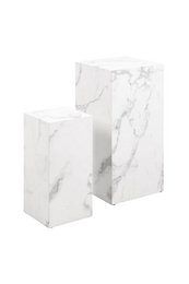  Set of 2 white side tables with a modern, minimalist design featuring a marble-like finish.