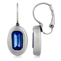 Silver-toned earrings featuring a rectangular blue Swarovski crystal.