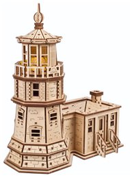 "Wooden lighthouse tower craft kit with light, natural wood material, cylindrical tall structure, detailed architectural design"
