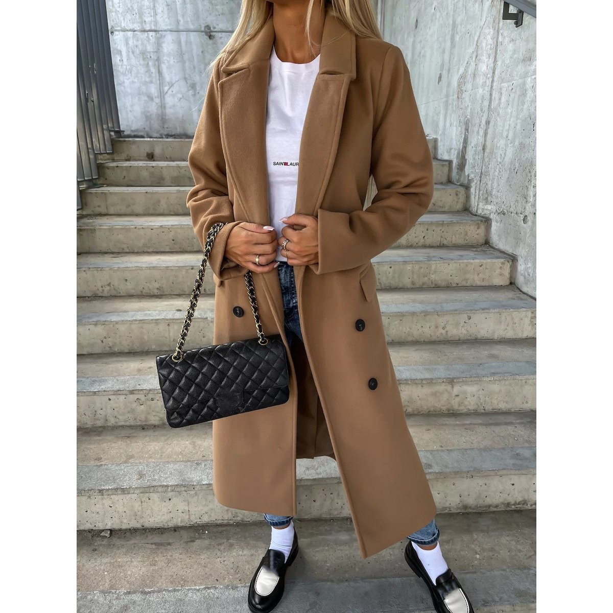 Double-breasted Lapel Split Jacket With Belt Winter Fashion Casual Long Sleeve Button Daily Coats For Women Clothing
