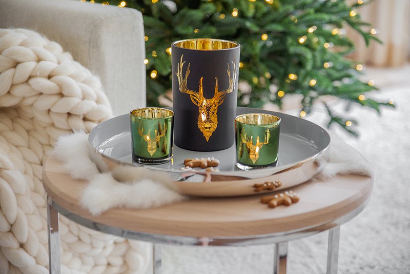 EDZARD lámpara de huracán portavelas de té bosque de vidrio para velas, motivo de venado, negro mate / dorado, altura 18 cm