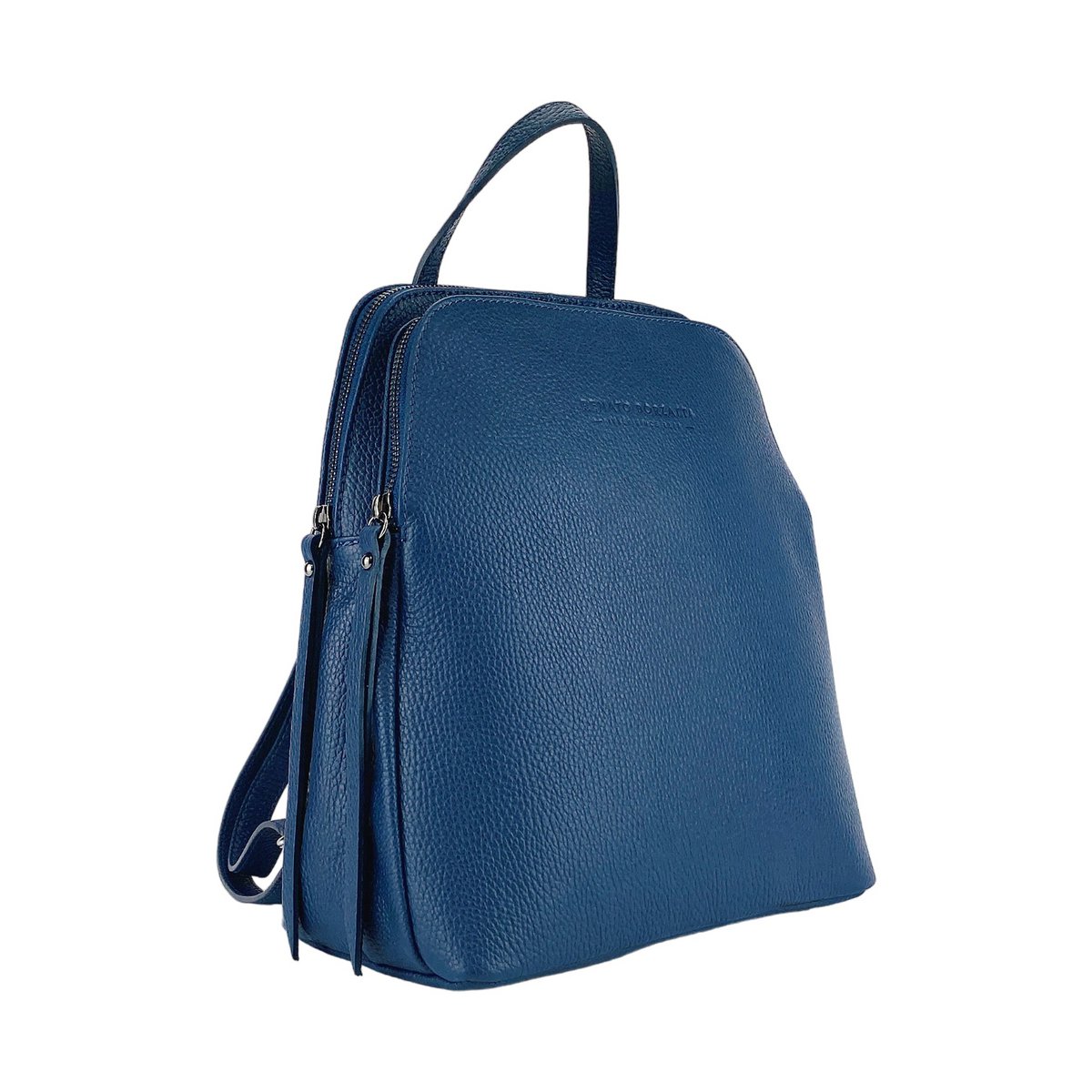 RB1018D | Echt leren damesrugzak met dubbel compartiment, gemaakt in Italië, met verstelbare schouderbanden. Gunmetal metalen accessoires - Blauwe kleur - Afmetingen: 26 x 30 x 14,5 cm