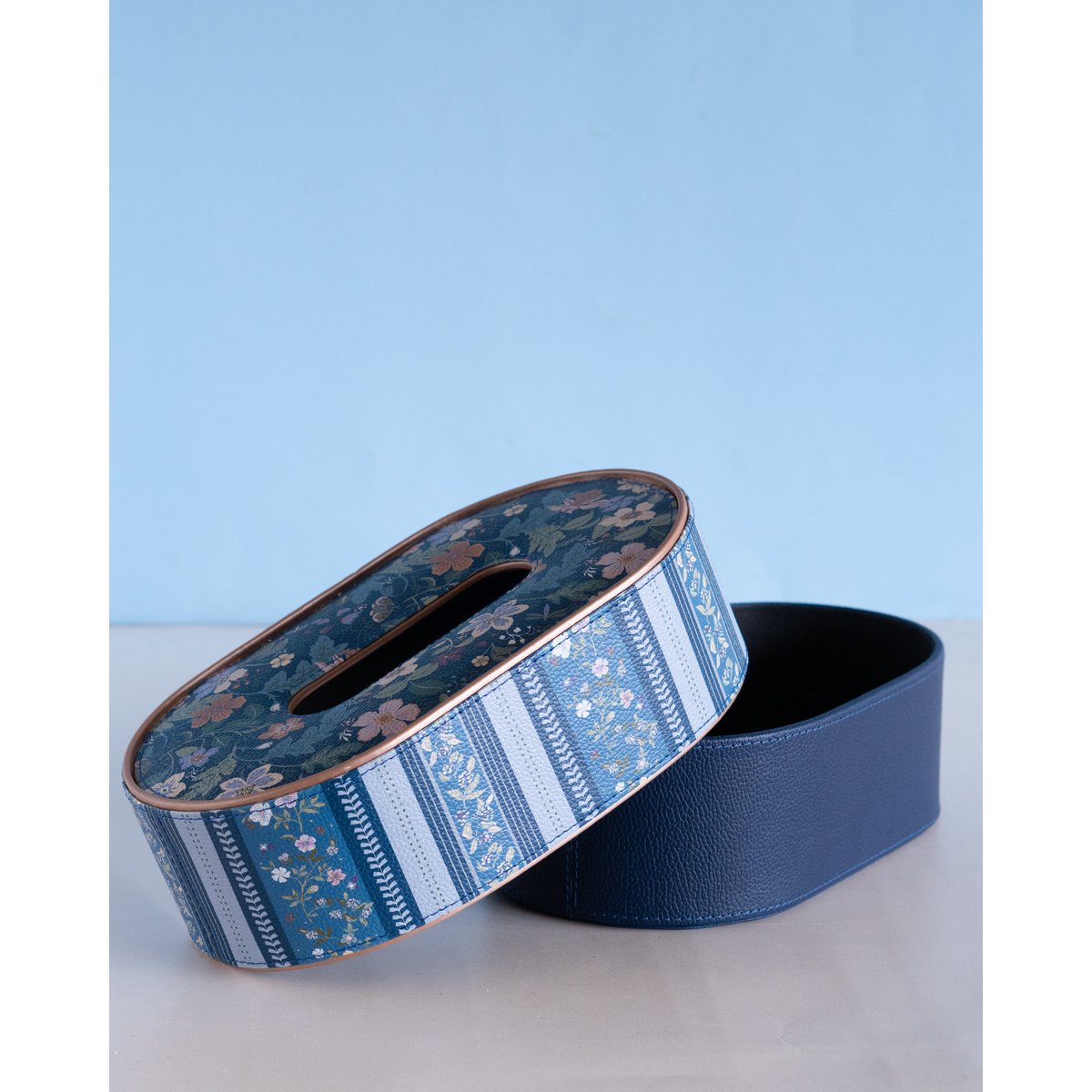 Vegan Leather Oval Tissue Box - Floral-Patterned Top
