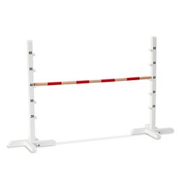  A white wooden obstacle course with red and white striped bars. The obstacle course appears to be designed for children to play on and navigate through.