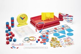 Colorful math learning box with shapes, numbers, and clock for 1st grade students to use at school or home.
