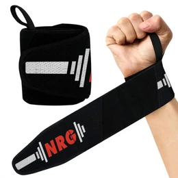 Black and red wrist wraps for powerlifting, 7.5 cm wide, 45 cm long, with a handle for easy gripping.