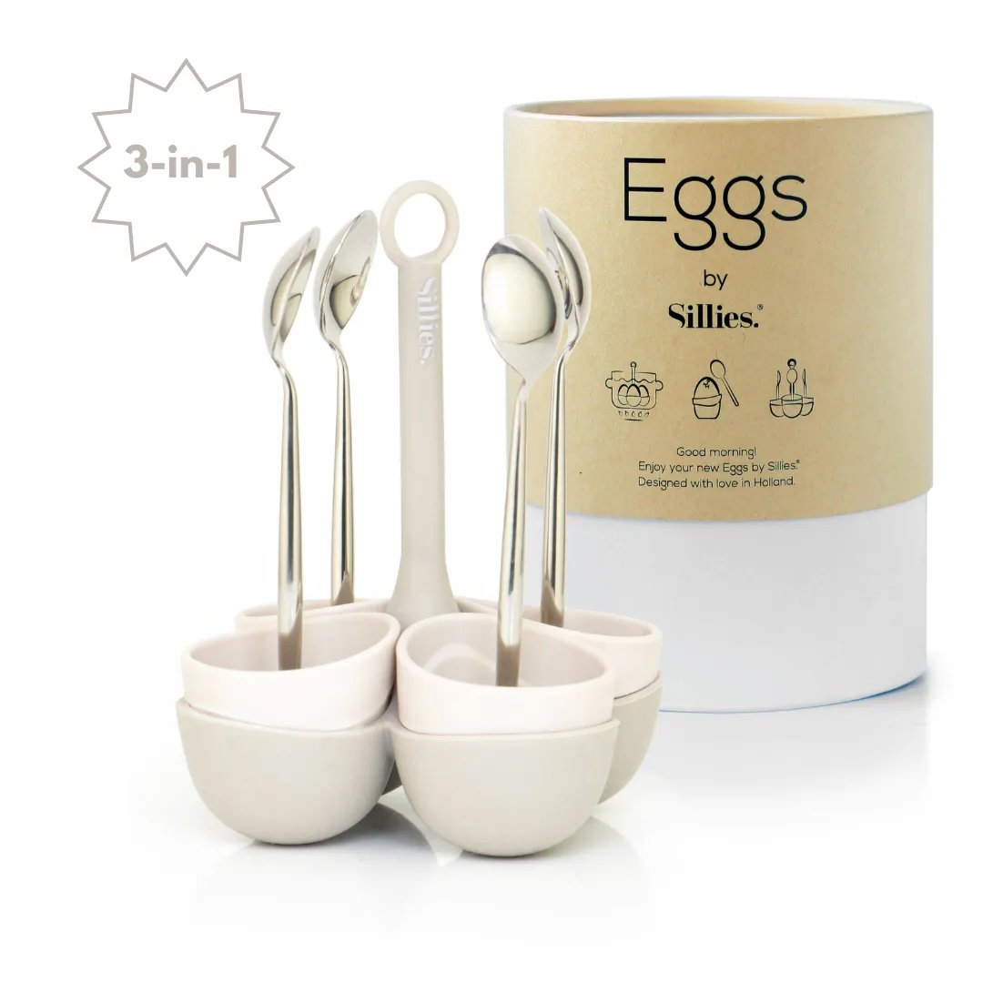 Eierset - 4x eierdopjes - 4x lepeltjes - 1x eierhouder - Cadeau - Pasen