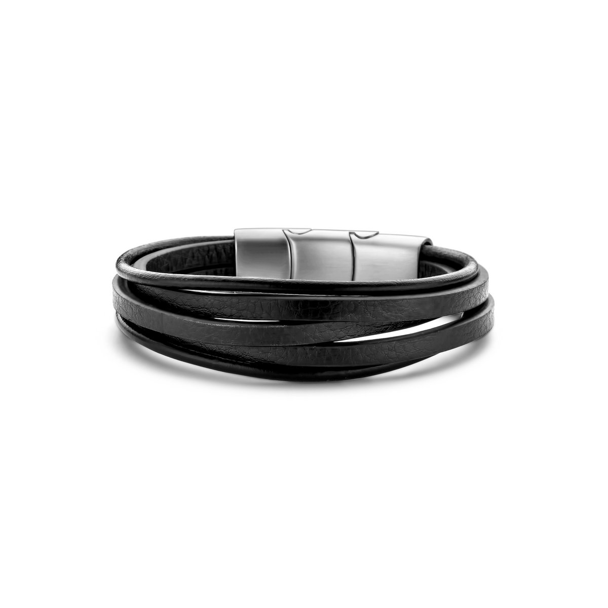 Frank 1967 7FB-0512 Heren Armband - Leder - Meerdere Strengen - Zwart - 21 cm - Zilverkleurig