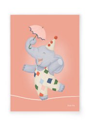 Colorful illustration of a circus elephant with a patterned scarf, standing on a tightrope against a peach background.