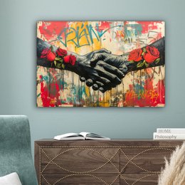 Canvas schilderij - Wanddecoratie Graffiti - Rozen - Handen - Street art - Muurdecoratie woonkamer - Slaapkamer decoratie - Kamer accessoires - Schilderijen op canvas