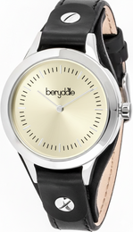 Women's watch with leather strap, silver-tone case, and analog dial.