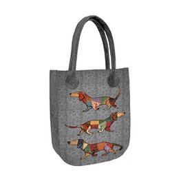 Grey felt shoulder bag with colorful embroidered foxes.