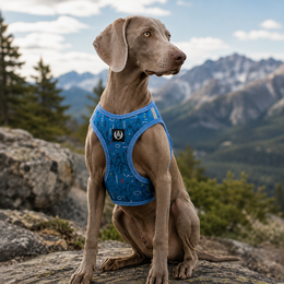 Blue denim mesh dog harness, breathable, adjustable, pet safety gear, outdoor walking equipment.