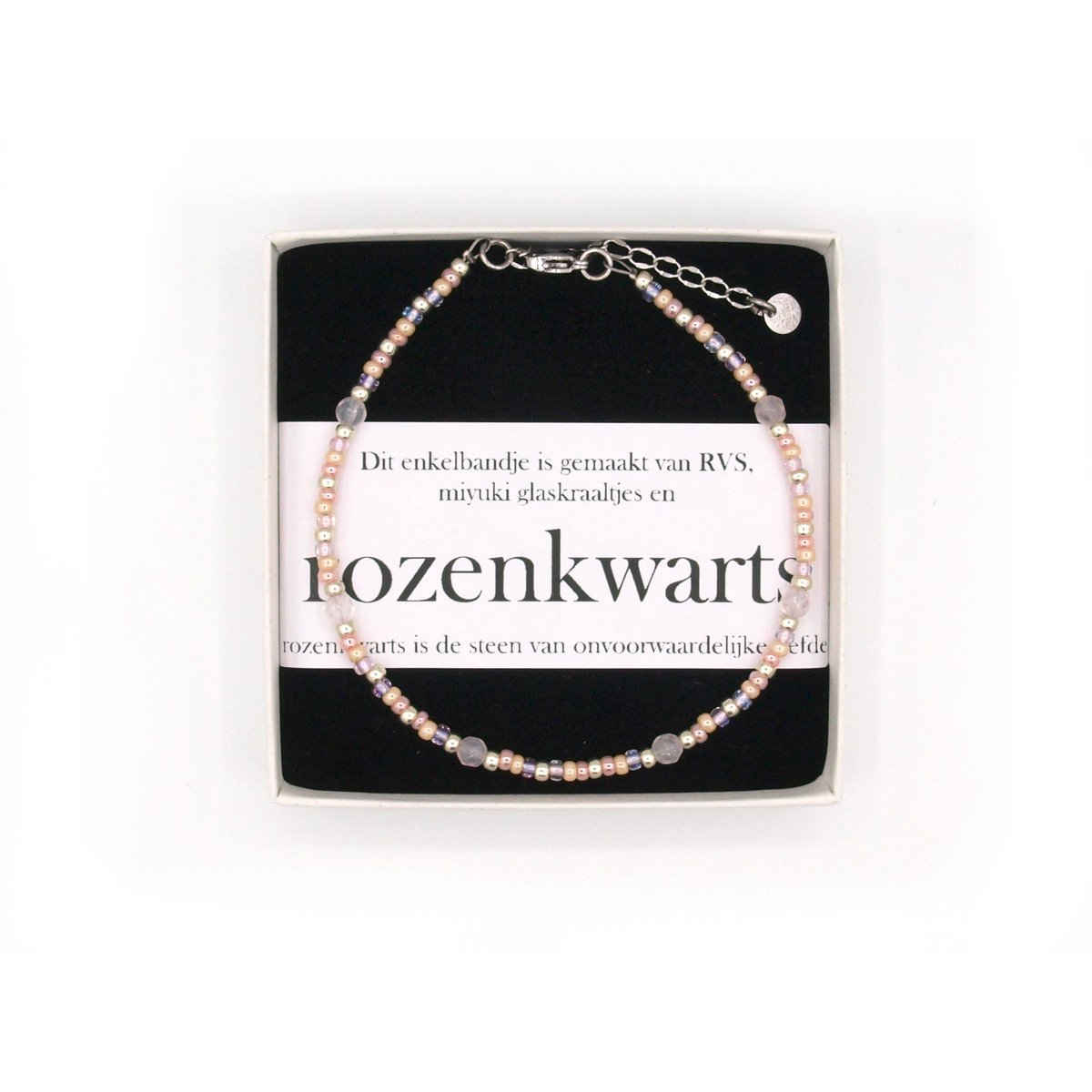 Enkelbandje rozenkwarts, zilver of goud rvs