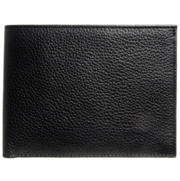 Black pebbled leather billfold wallet with 8 credit card slots.