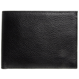 Black pebbled leather billfold wallet with 8 credit card slots.