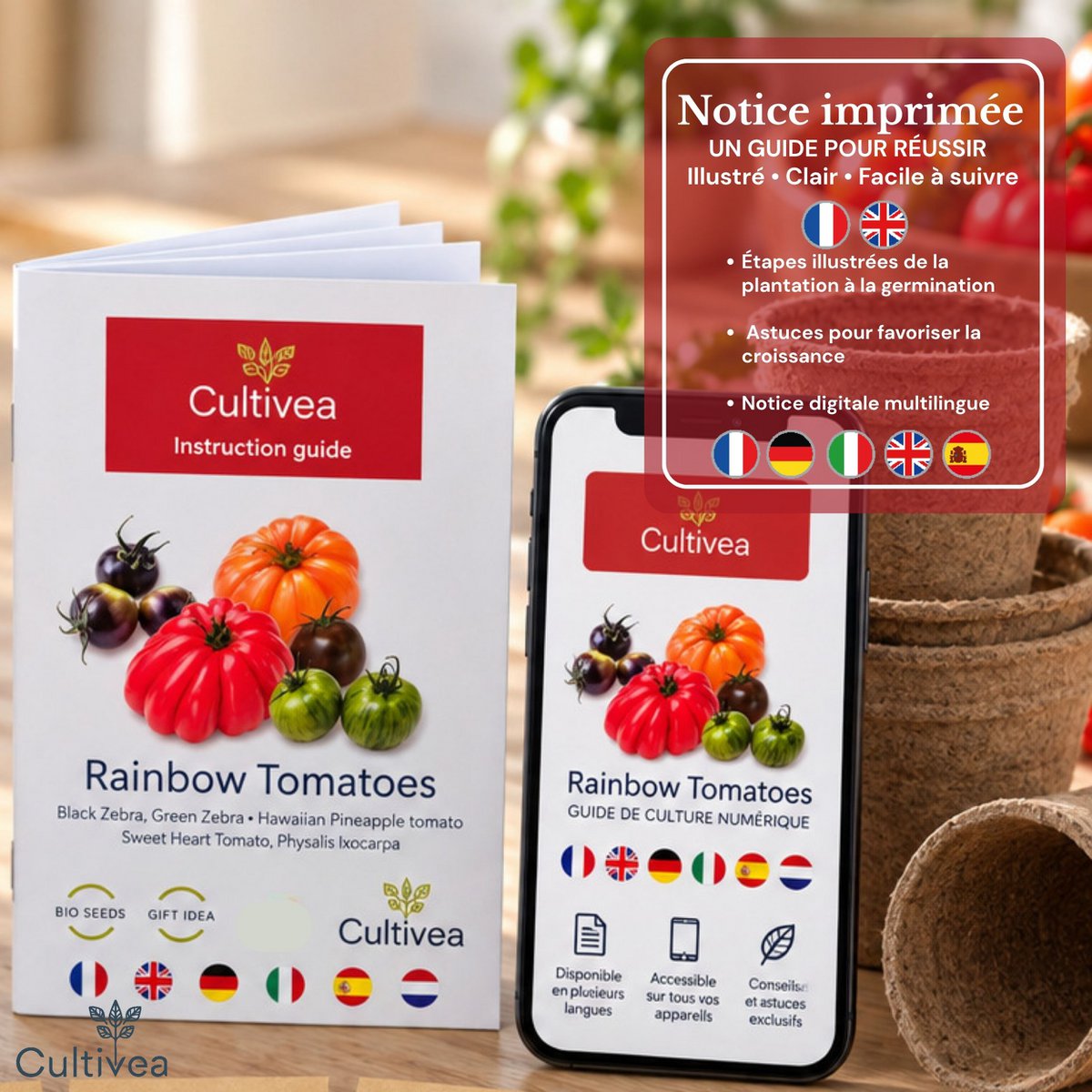 CULTIVEA® Organic* Tomatensamen-Set zum Pflanzen – 5 alte und farbenfrohe Sorten – Ochsenherztomate, Ananastomate, Grünes Zebra, Schwarzes Zebra, Physalis – Komplettes Tomatensetzlingsset mit Töpfen, Pastillen und Anleitung