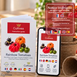 CULTIVEA® Organic* Tomatensamen-Set zum Pflanzen – 5 alte und farbenfrohe Sorten – Ochsenherztomate, Ananastomate, Grünes Zebra, Schwarzes Zebra, Physalis – Komplettes Tomatensetzlingsset mit Töpfen, Pastillen und Anleitung