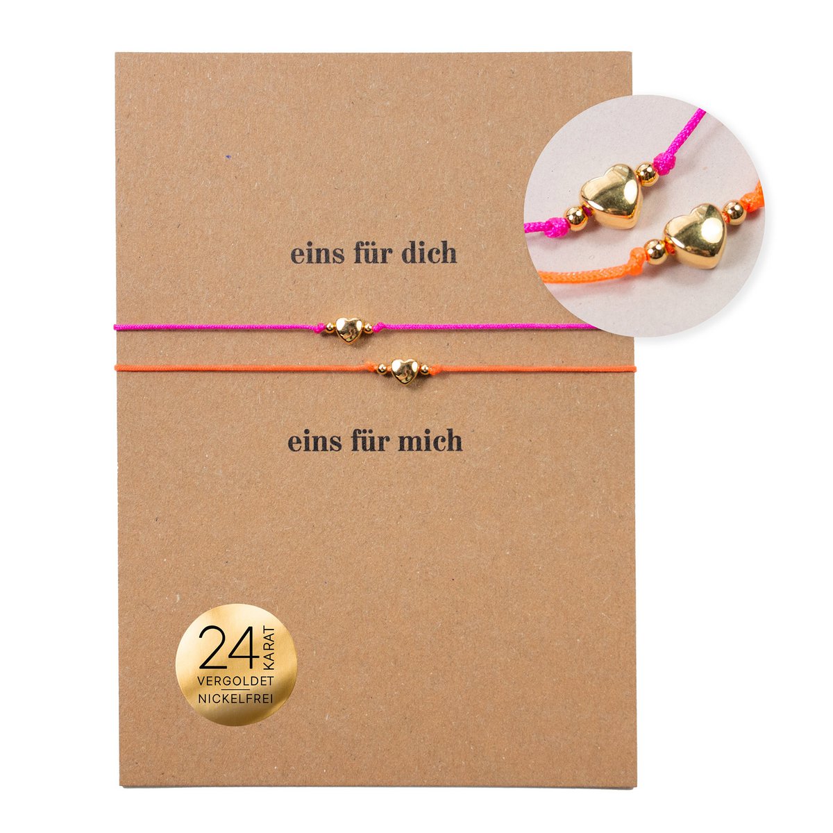 Armband op kaart - harten - één voor jou, één voor mij - 24K vergulde hanger - macramé - DIN A6 gerecyclede kaart