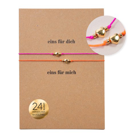 Armband op kaart - harten - één voor jou, één voor mij - 24K vergulde hanger - macramé - DIN A6 gerecyclede kaart